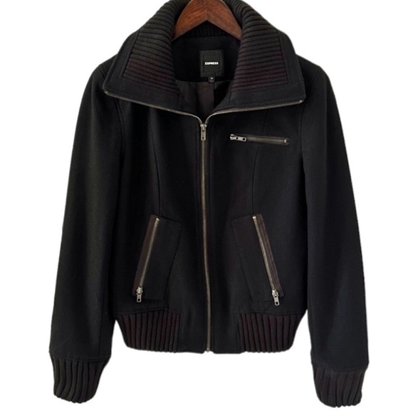 NEW Express Black Wide Collar Wool Blend Bomber Jacket Size Medium - Picture 10 of 10